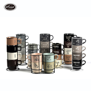 مجموعة أكواب قهوة سيراميك بتصميم بسيط من SWT - أكواب شاي مطبوعة قابلة للتكديس مع حامل معدني للمنزل والمقاهي - Product Image 1