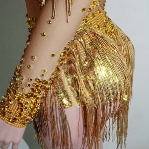Traje de Baile Glamuroso para Drag Queen, Sexy, con Flecos de Pedrería Dorada, Cuello Alto, Estilo Nupcial, Uniforme para Grupo de Baile, Ropa de Escenario, Personalizado - Product Image 6