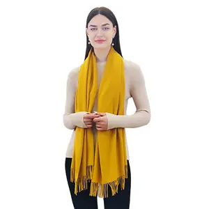 Bright Yellow Simple design Polyester cashmere Feeling Scarf With Fringe Women larger size Scarf