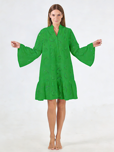 Vestido de punto de algodón holgado de talla grande 2026 con cuello en V, mangas acampanadas, bordado, largo hasta la rodilla, lavable, corte A, para uso diario, primavera, verano, otoño - Product Image 6