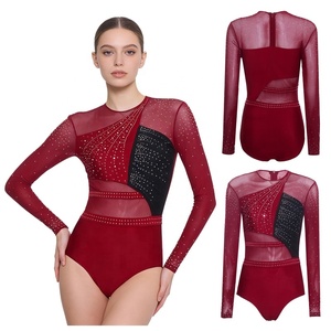 Women <b>Rhythmic</b> <b>Gymnastics</b> <b>Leotard</b> Long Sleeve Mesh Rhinestone Competition Asymmetric Panel Slim for Stage Custom - Product Image 2