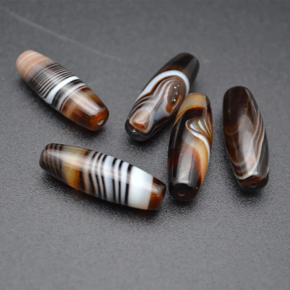 10x30mm Natural Dark Brown Banded Coffee Agate DZI Long Tube Loose Beads fit Tibetan Jewelry Making