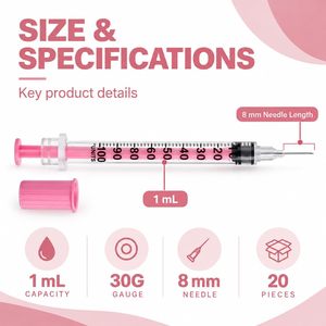 Paquete de 20 Jeringas de Insulina Rosadas de 1 ml con Aguja, 100 Unidades, Agujas Médicas Desechables - Product Image 2
