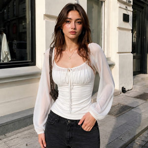 เสื้อครอปท็อปผู้หญิงสไตล์วินเทจฝรั่งเศส คอเหลี่ยม แขนพอง ผ้าชีฟองรัดรูป ทรงสวยหรู - Product Image 2