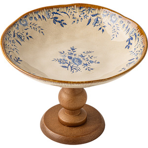 Plateau décoratif vintage en céramique avec pieds en bois, style floral, pour fruits, idéal pour le dropshipping Shopify - Product Image 1