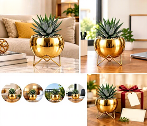 Modern Gold Metal Planter with Geometric Stand Chrome Plated Round <b>Pot</b> for Indoor <b>Succulents</b> - Product Image 5