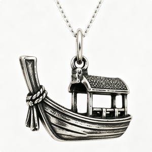 Pendentif bateau plaqué argent avec motif maison, forme irrégulière, figurine souvenir, artisanat en métal moulé - Product Image 2