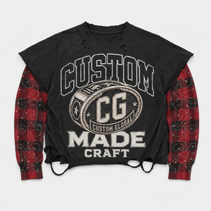 Camiseta de manga larga extragrande OEM con lavado vintage, 300 g/m² de algodón pesado, con empalmes a cuadros, doble capa y efecto desgastado para hombre - Product Image 1
