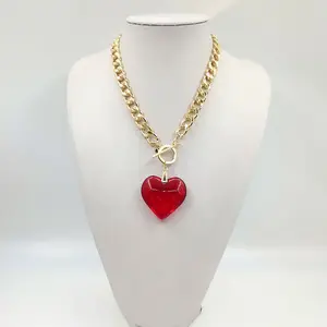 Neues Design Rot Großer herzförmiger Anhänger Dicke Halskette Valentinstag Geschenk Kristall Ozean Herzförmiger Anhänger Lange Halskette