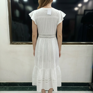 White V-Neck Cap Sleeve Midi Cotton Dobby <b>Dress</b> With lace detailing And Button Front A-Line Casual Summer <b>Dress</b> - Product Image 2