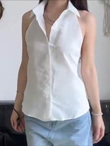 Sweetown, sin mangas, sin espalda, con lazo, camisas para mujer, de un solo pecho, cuello en V, Sexy, Halter, Tops, sólido, vacaciones de verano - Product Image 6