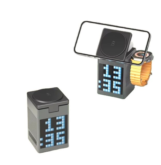 New Arrival 6-in-1 Multi-Function Magnetic Wireless Charger Pixel Animation Alarm Clock Speaker Phone Stand