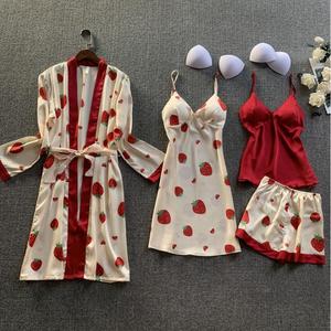 Pyjamas en soie imprimée de qualité export européenne et américaine pour femmes, printemps et automne, manches longues, soie sexy, quatre pièces - Product Image 1
