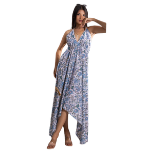 Vestido acampanado azul y blanco de cuatro paneles para mujer con cuello halter y diseño sin espalda para un estilo moderno y a la moda para el verano. - Product Image 1