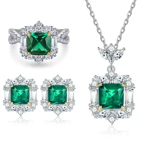 Luxury Jewellery Women White Gold Plate Initial Emerald Gemstone Tarnish Free 925 Sterling Silver Wedding Jewelry Sets