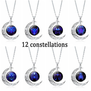 Venta al por mayor de moda plata 12 Zodiaco astrología galaxia y luna creciente colgante de cuentas de cristal collar de regalo - Product Image 2