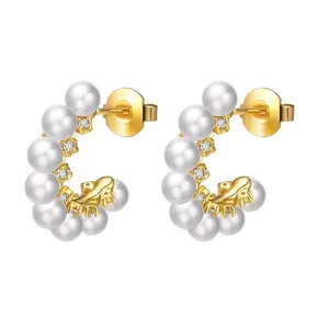 Exquisitos pendientes de aro Mini Pearl Cc chapados en oro, pendientes de aro Cc de perlas simples de Plata de Ley 925 para niñas