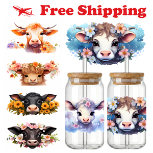 Autocollant de transfert UV DTF pour canette en verre 16oz, motifs aquarelle Vache de ferme, Tournesol, Vache, Lot mixte, Expédition rapide en 48H - Product Image 1