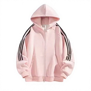 Wholesale Men Oversized Zip-Up Hoodie French Terry Hooded Sweatshirt with Striped Sleeves Casual Autumn Sportswear - Product Image 5