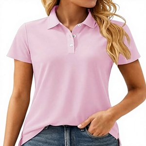 Polo à manches courtes pour femme, couleur unie rose, tissu tissé décontracté, longueur normale - Product Image 1