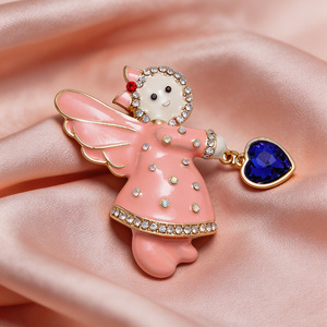Spilla da bavero a forma di angelo in smalto rosa con strass e ciondolo a cuore blu pendente, gioiello di moda da <span class=keywords><strong>donna</strong></span> per cappotto e sciarpa - Product Image 1