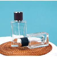 Flacon de parfum de luxe transparent rectangulaire vide 50 ml avec pompe pulvérisatrice en verre, diffuseur à gravure mate et sérigraphie