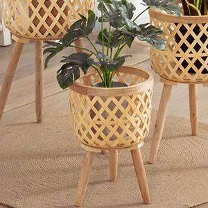 Support de plantes en rotin naturel tressé du Vietnam avec pieds en bois, panier de rangement en bambou, présentoir pour plantes, décoration bohème intérieure/extérieure – Fabricant - Product Image 3