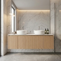 Mueble de Baño con Doble Lavabo para Montar en la Pared, con Gabinete de Madera Acanalada, Cajones de Almacenamiento Abiertos, Diseño Moderno para Proyectos Hoteleros