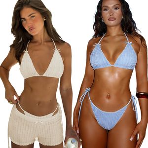 Conjunto de Bikini de 3 Piezas para Mujer, Diseño Ajustado, Tela Texturizada, Top Halter con Cuello en V, Relleno en los Senos, Shorts de Cintura Baja con Encaje, Ropa de Playa Sexy para Verano - Product Image 1