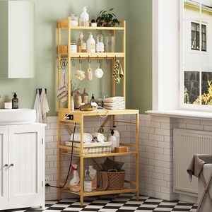Étagère de cuisine en bambou durable Trironsun à 5 niveaux, à fixer <span class=keywords><strong>au</strong></span> <span class=keywords><strong>mur</strong></span>, avec étagères ouvertes et 10 crochets en forme de S, rangement utilitaire pour la cuisine (Nature) - Product Image 3