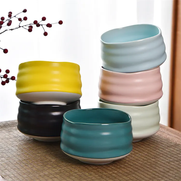 Bambus Keramik Schüssel Glasur Japanische Tee schale Set Rosa Keramik Matcha Schalen Mit Bambus Schneebesen