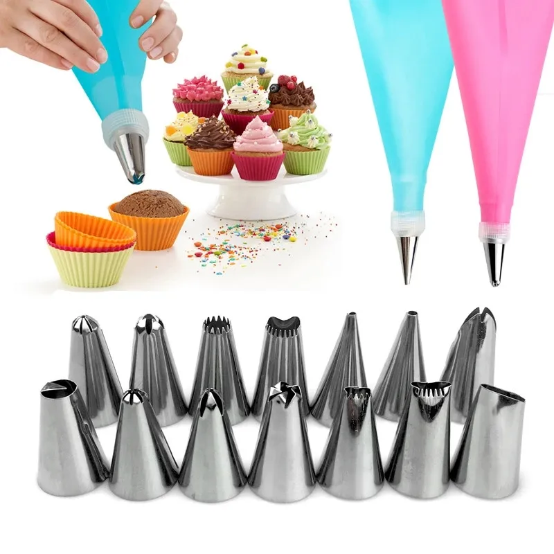 Russian Cake Cookies Nozzle Piping Pastry Tool Baking Tip Tools Icing Stainless Steel Piping Nozzles Set with Bag