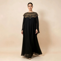 Élégante Cape Abaya Dorée à Paillettes et Perles en Polyester, Kaftan Long Ample en Mousseline Anti-Plis pour Mariage et Soirée d'Automne
