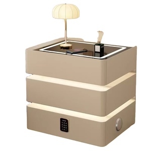Mesita de noche inteligente de <span class=keywords><strong>madera</strong></span> de lujo moderna con luz Led carga inalámbrica huella dactilar muebles de dormitorio de cuero blanco - Product Image 2