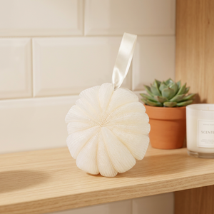 Flower Shape Shower <b>Puff</b> White Exfoliating Bath Sponge with Ribbon Hang Simple Style for Adults - Product Image 4