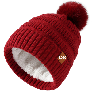 <span class=keywords><strong>Bonnet</strong></span> en tricot jacquard pour femme avec <span class=keywords><strong>pompon</strong></span>, rouge, noir, gris, <span class=keywords><strong>kaki</strong></span>, beige, chaud pour l'hiver, double couche brossée - Product Image 1