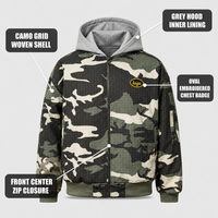 Sweat à capuche vert personnalisé pour homme, motif camouflage quadrillé, doublure grise, badge ovale sur la poitrine, fermeture éclair intégrale pour coupe ample, style streetwear, automne
