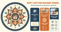 Round Cotton Beach Towel Cut Loop Front Terry Back Boho Mandala Printed Large Blanket for Beach Picnic Yoga