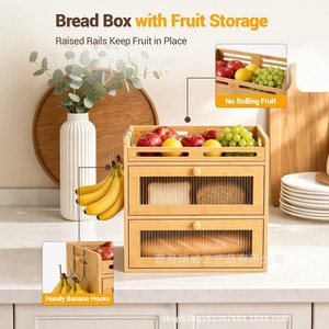 Boîte à pain en bambou, étagère de rangement multi-niveaux avec panier à fruits et crochet à bananes pour la cuisine - Product Image 4