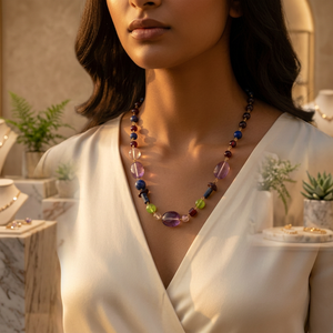 Women's Bohemian Beaded <b>Silver</b> Plated Crystal Necklace with Amethyst and Multicolor Stones Everyday Wear Jewelry - Product Image 3