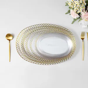 Gold Rimmed Luxury Unbreakable Snack Dessert Oval Transparent Plastic Fuit Plate Fuit Tray