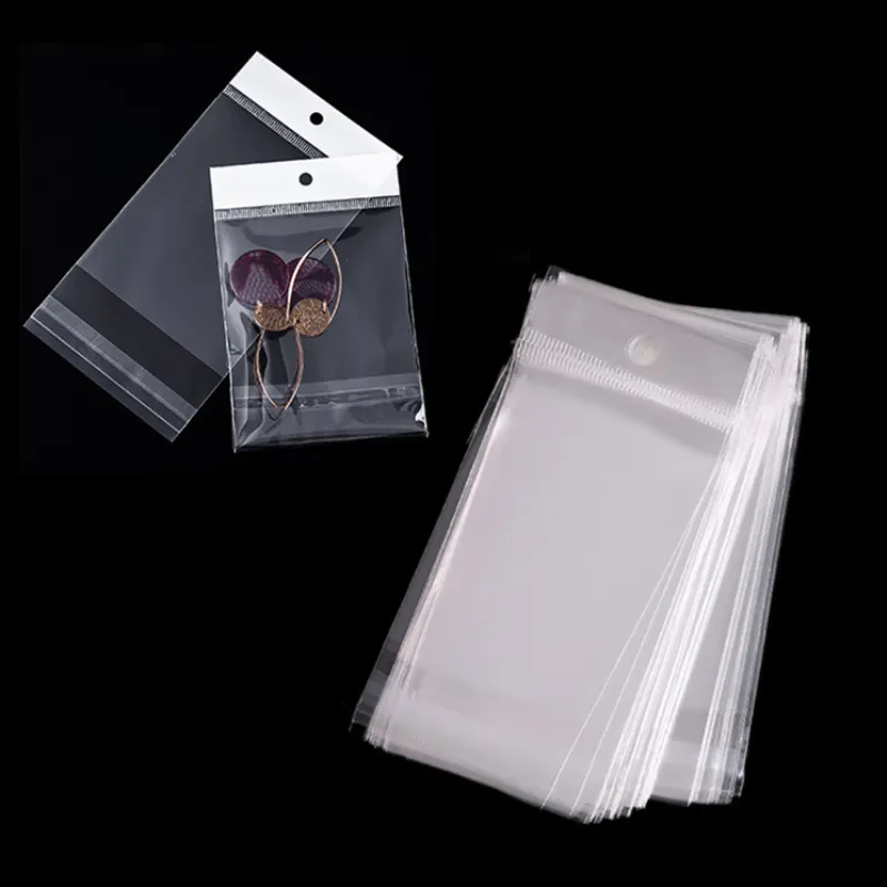 소매 보석 포장 파우치를위한 걸이 구멍이있는 투명 자체 접착 가방 OPP 플라스틱 보관 씰 팩 가방