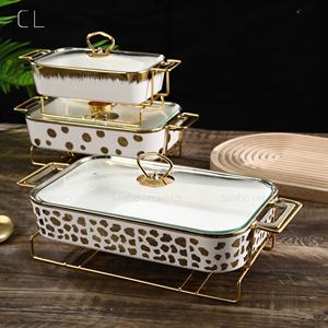 Plaques de cuisson rectangulaires en céramique avec couvercle en verre, de Style luxueux, 10/12/14 pouces, surdorées, chauffage des aliments - Product Image 2