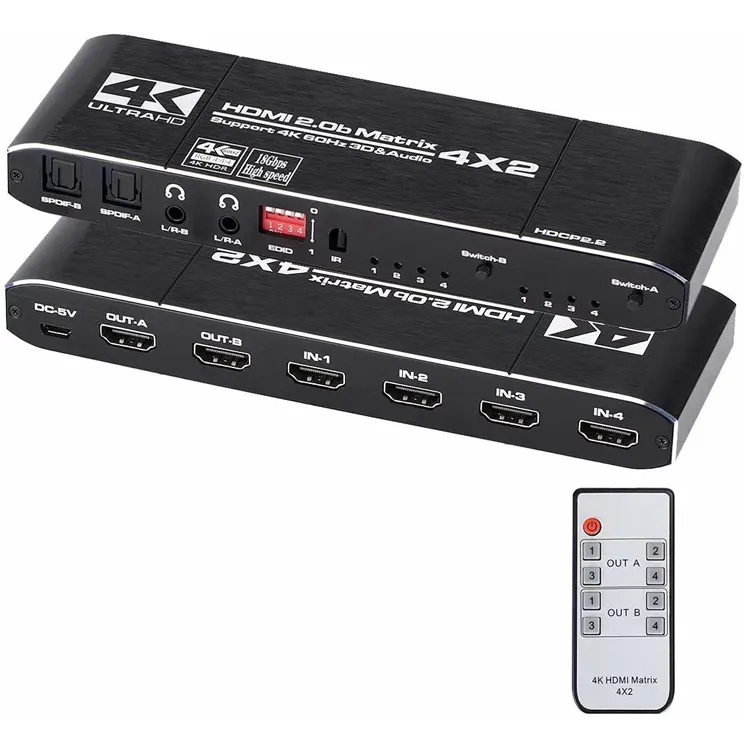 Double extracteur Audio 4K 60hz HDCP2.2 V2.0 4x2 HDMI Matrix 3D HDMI 2.0 convertisseur noir boîte de séparation avec EDID