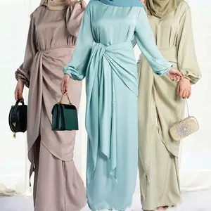 New Eid Islamic Clothing Satin 2pcs Modest Dresses Maxi Abaya Set for Muslim Girls Abaya