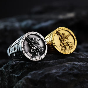 St Michael Angel <b>Ring</b> Stainless Steel Men's Hip Hop Jewelry Gift Round Wings Design Gold And Steel Color - Product Image 1