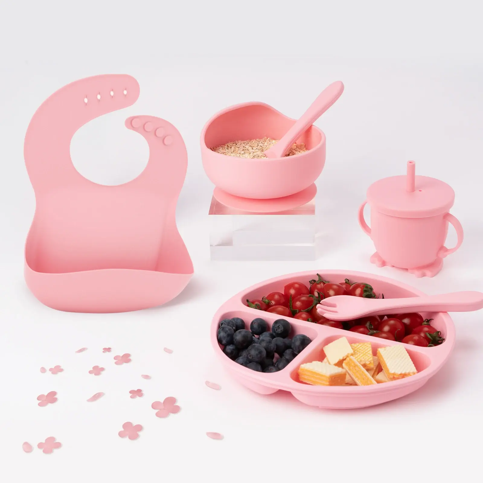 Eco-Friendly Bpa Livre Não-derramamento Forte Sucção Bowl Spoon Set Alimentação Bib Bebê Silicone Tigela E Placa