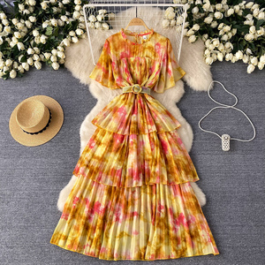 Túnica Vintage ajustada informal para mujer manga acampanada imperio impreso vestido de encaje con volantes rojo amarillo - Product Image 2