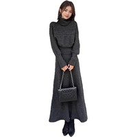Ensemble décontracté automne 2026 pour femme : pull en maille anti-plis à col mandarin + jupe + écharpe (Nylon/Coton) imprimé effet 3D