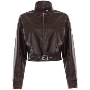 Chaqueta Bomber Corta Personalizada 2026 de Cuero PU Tejido para Mujer, Manga Larga, Cuello Alto, Cremallera, Estilo Moto, Relleno 100% Poliéster, Otoño - Product Image 2